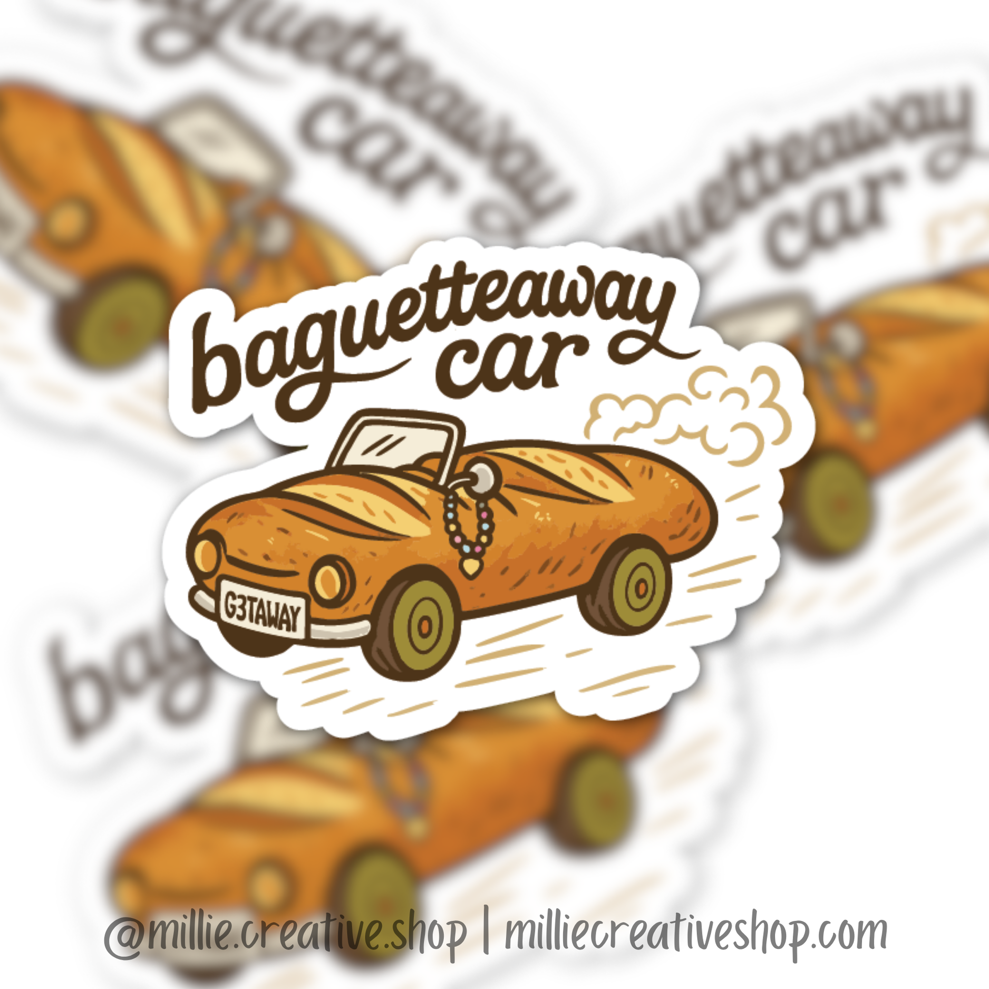 Sticker with a bread loaf car shaped like a baguette and 'baggetteaway car' text, with a blurred background of similar stickers.