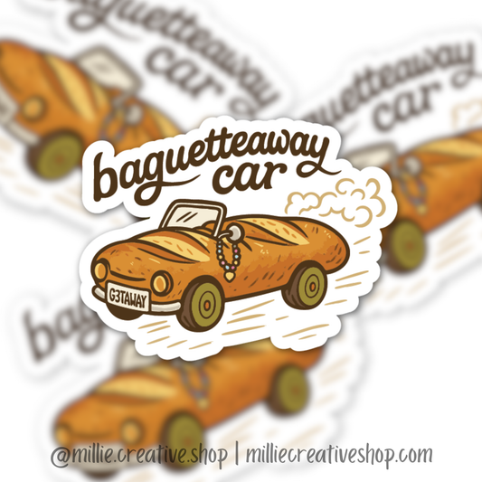 Sticker with a bread loaf car shaped like a baguette and 'baggetteaway car' text, with a blurred background of similar stickers.