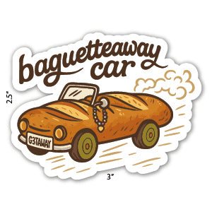 Sticker of a sourdough bread loaf car with 'baguetteaway car' text on a white background