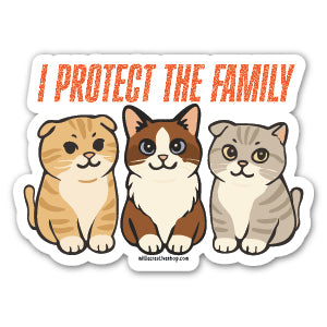 Sticker with three cartoon cats (Meredith, Benjamin, and Olivia) and text 'I Protect the Family' on a white background