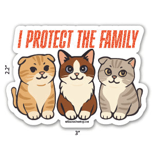 Sticker with three cartoon cats (Meredith, Benjamin, and Olivia) and text 'I Protect the Family' on a white background