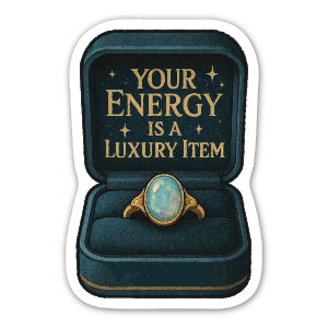 Opalite ring in a box with 'Your Energy is a Luxury Item' text