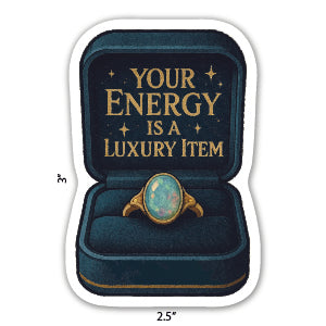 Opalite ring in a box with 'Your Energy is a Luxury Item' text