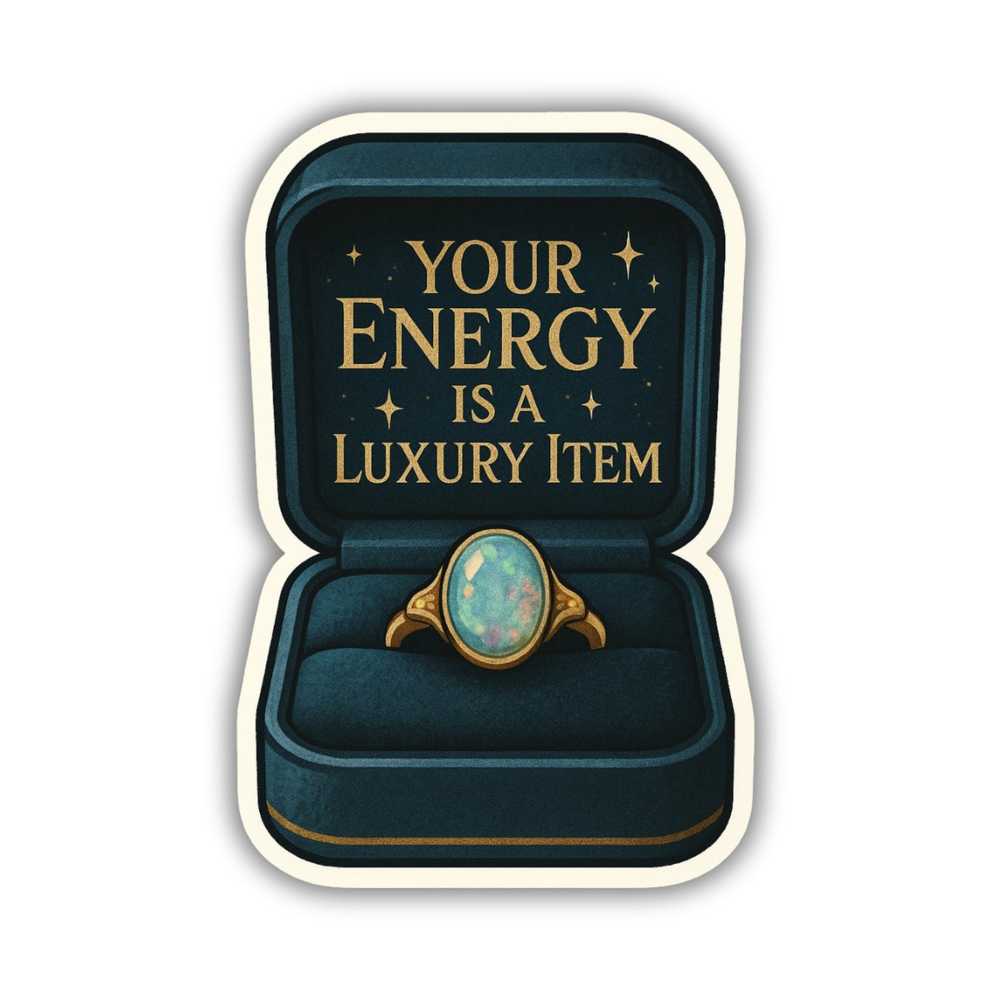 Ring in a box with 'Your Energy is a Luxury Item' text on a white background