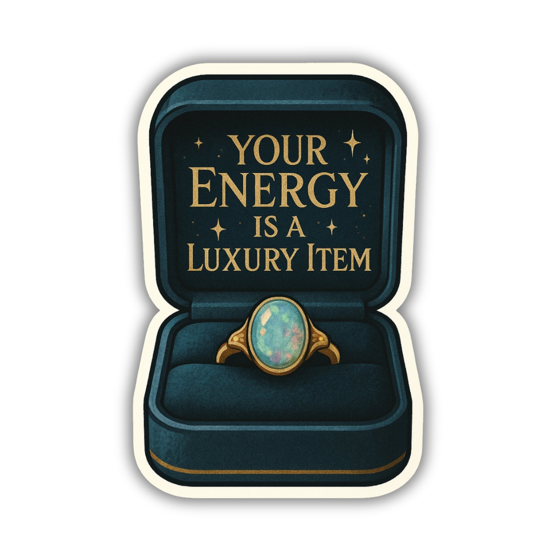 Ring in a box with 'Your Energy is a Luxury Item' text on a white background